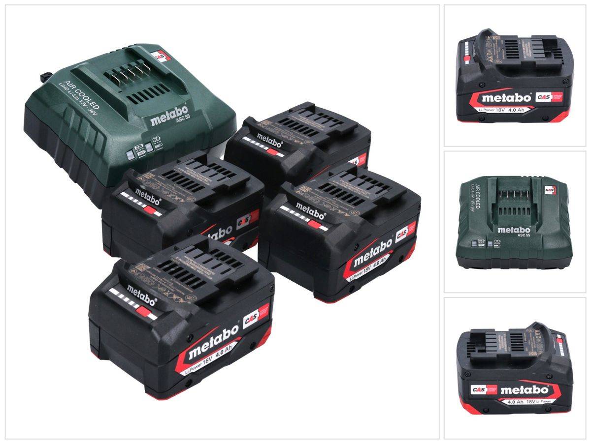 Metabo Basis Set 4x Li-Power Akkupack 18 V 4,0 Ah CAS Li-Ion Akku ( 4x 625027000 ) + ASC 55 Ladegerät ( 627044000 )