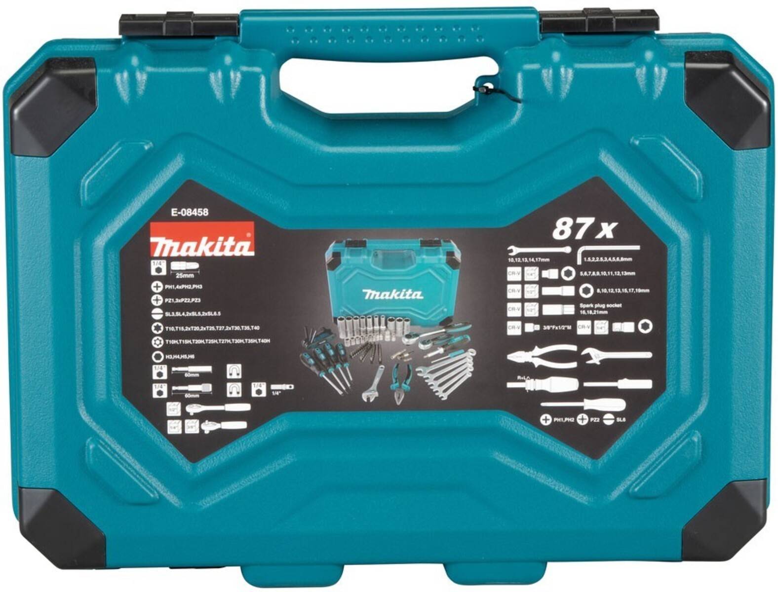 Eine blaue Makita Werkzeugkoffer mit der Beschriftung '87x', auf dem verschiedene Werkzeug-Symbole wie Bohrereinsätze und Zangen abgebildet sind, was auf einen umfassenden Werkzeugsatz hinweist.