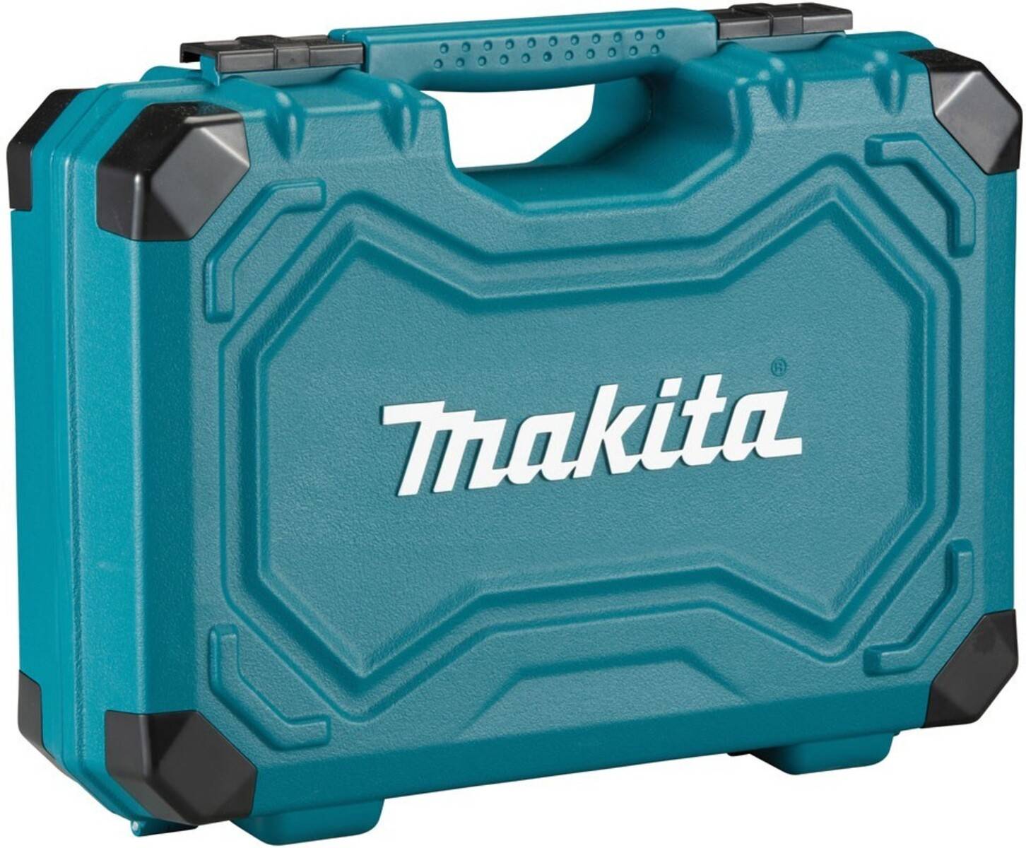 Ein türkisfarbener Makita Werkzeugkoffer mit einem stabilen Griff und schwarzen Eckverstärkungen, auf dessen Seite das Makita-Logo prominent zu sehen ist.