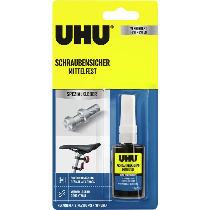 Tube des UHU Schraubensicher-Klebstoffs, verpackt mit einem Bild eines Bolzens und eines Fahrradsitzes, der seine mittlere Festigkeit und Stoßfestigkeit hervorhebt.