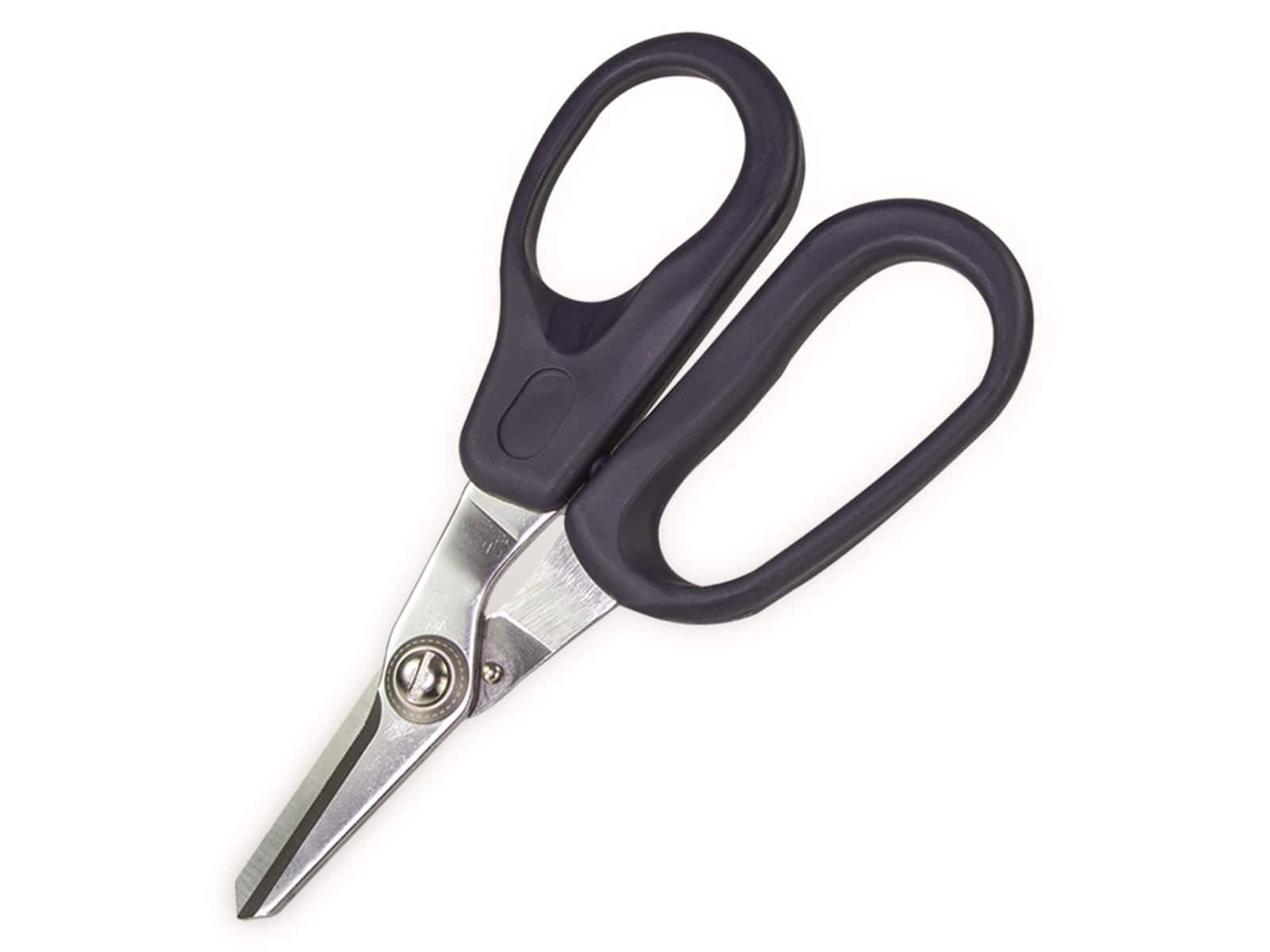 Ein Paar schwarzgriffiger Scheren mit kurzen Klingen, die vor einem weißen Hintergrund positioniert sind.