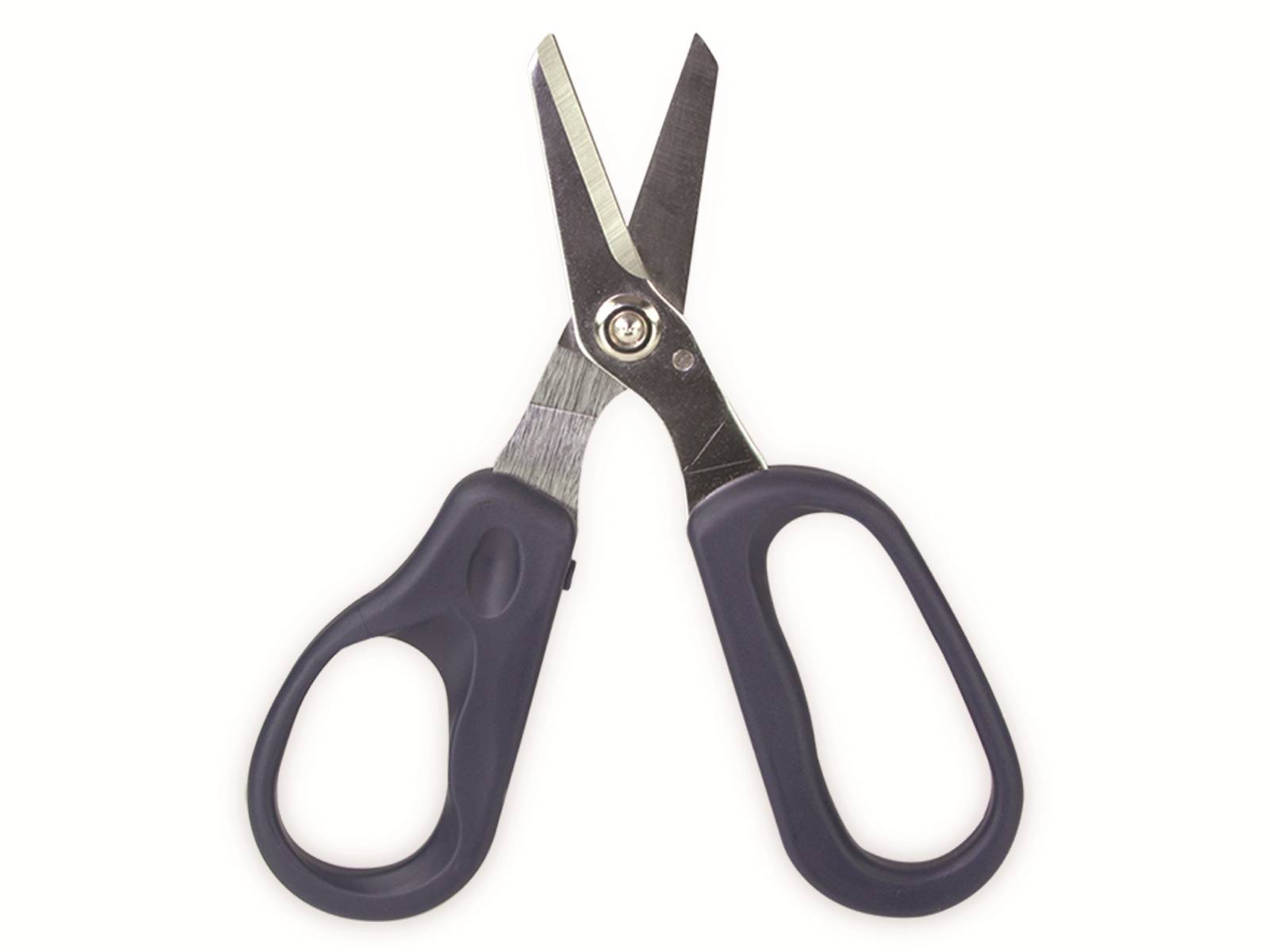 Eine Schere mit grauen Griffen und Metallklingen, geöffnet und nach oben gerichtet, vor einem einfarbigen weißen Hintergrund.