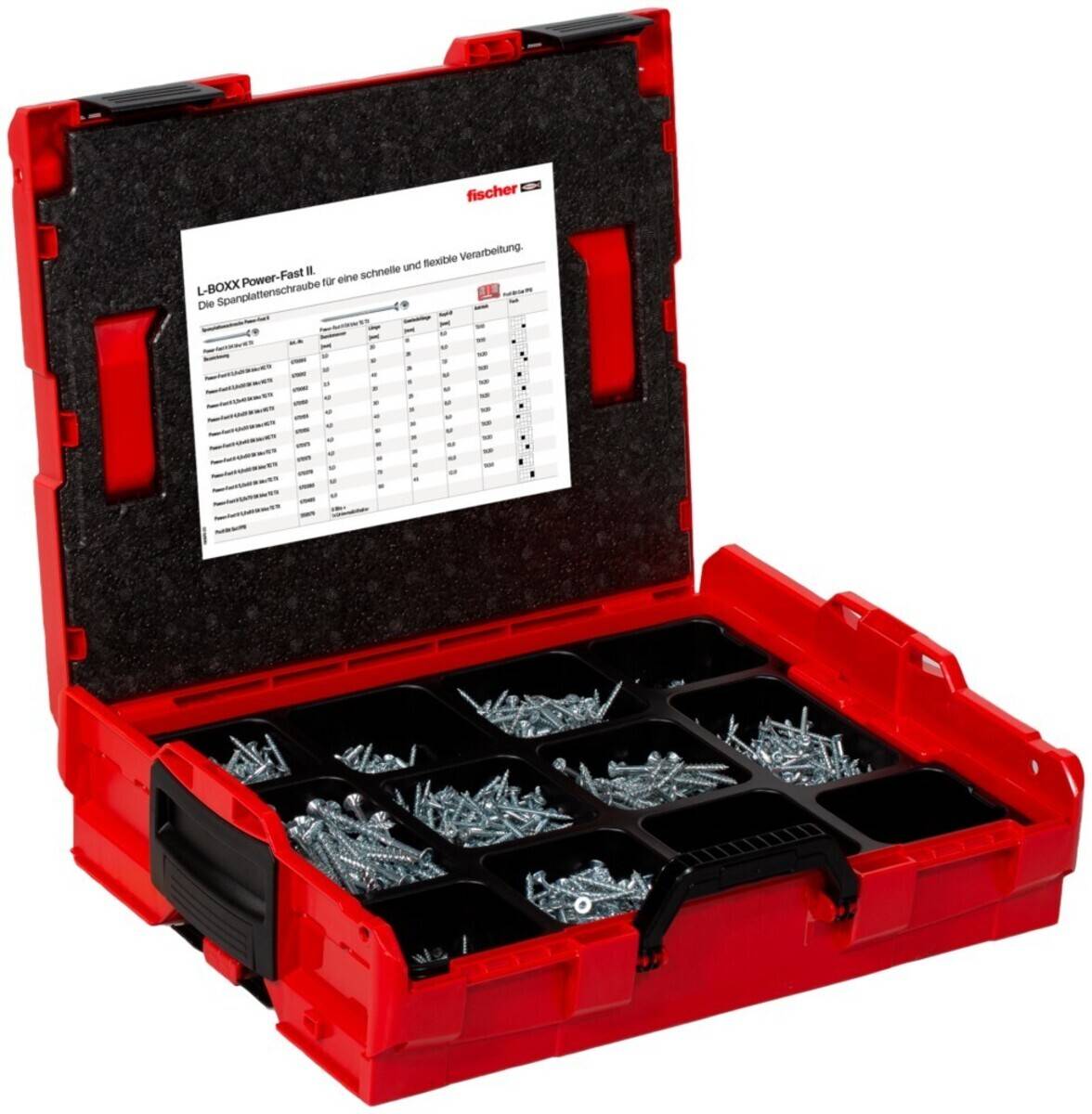 Rote Werkzeugbox mit verschiedenen Schrauben in Fächern, geöffnet mit einer Übersichtstafel in der Deckelinnenseite.