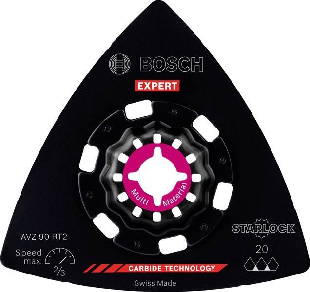 Ein schwarzer Bosch Expert Hartmetall-Technologie Multimaterial-Schleifpad mit dem Text 'AVZ 90 RT2' und 'Swiss Made' für vielseitigen Werkzeugeinsatz.