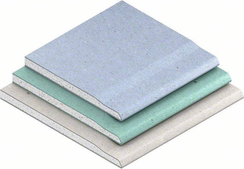 Drei gestapelte Gipskartonplatten, jede in einer anderen Farbe.