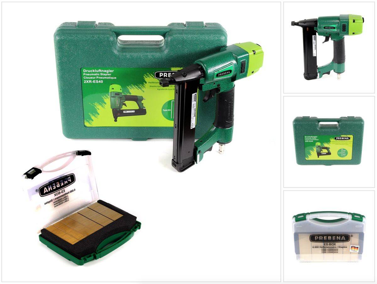Prebena 2XR-ES40 Klammergerät Druckluft Nagler im Transportkoffer Typ ES + 6000x Prebena CNKHA Heftklammern Typ ES