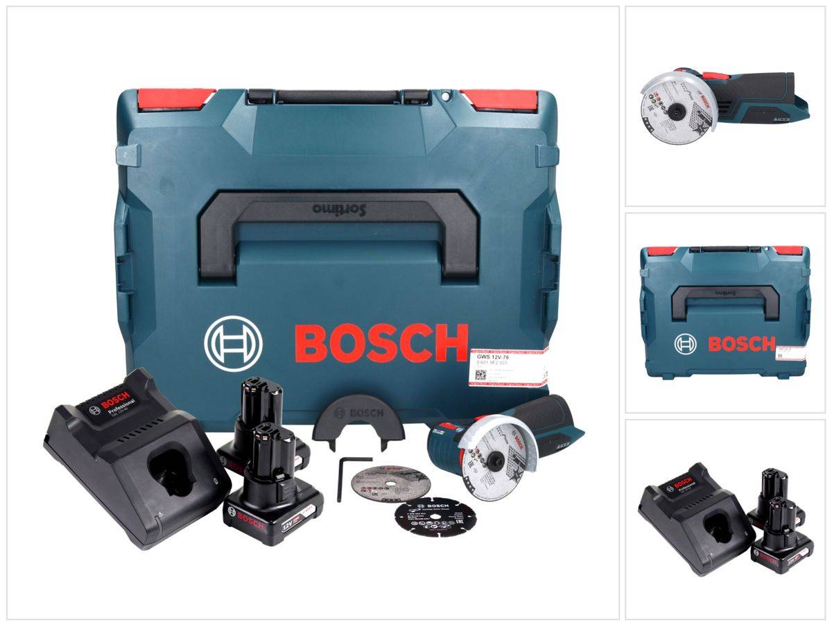 Bosch GWS 12V-76 Professional Akku Winkelschleifer 12 V 76 mm Brushless + 2x Akku 6,0 Ah + Ladegerät + L-Boxx