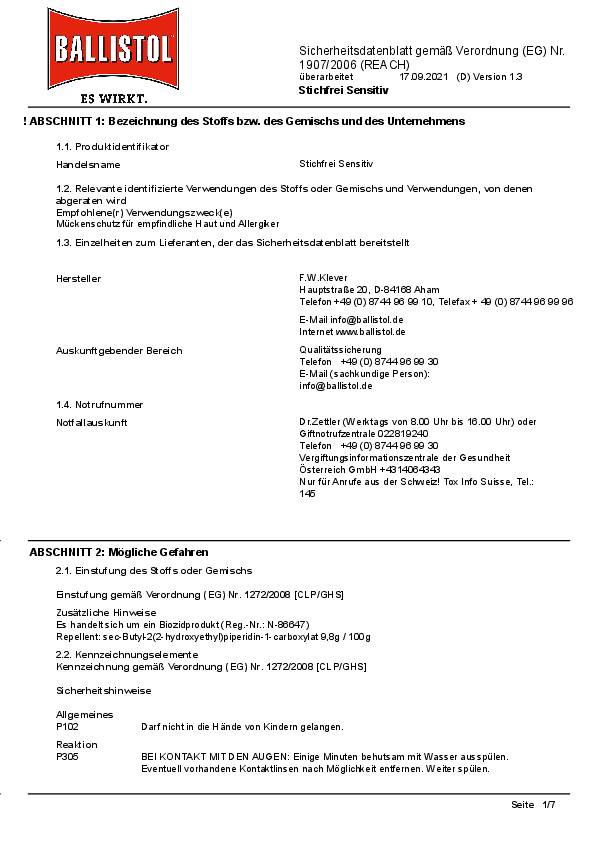 Mückenschutz Stichfrei® Sensitiv 100ml Pumpsprüher BALLISTOL