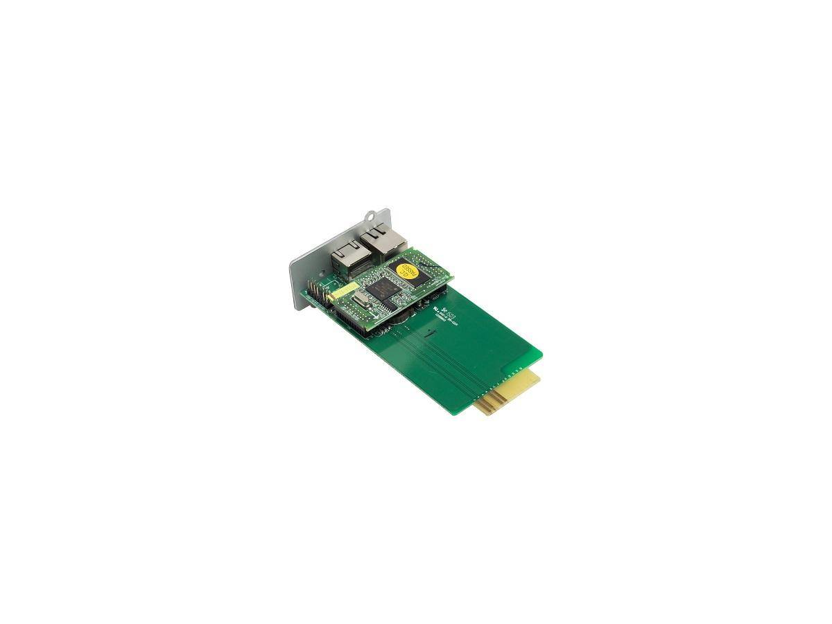 Kleine elektronische Erweiterungskarte mit einer grünen Leiterplatte und metallischem Stecker, auf weißem Hintergrund dargestellt.