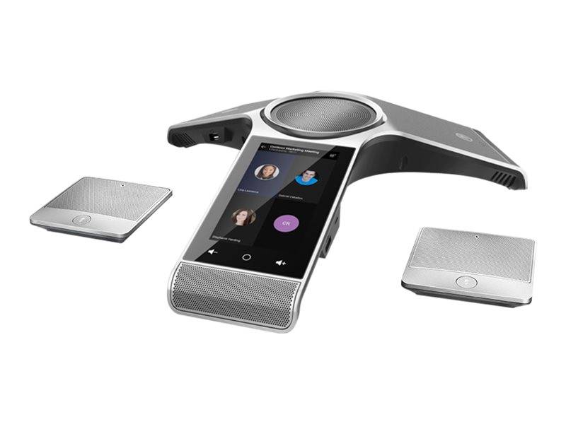 Konferenzlautsprecher mit Touchscreen-Display und drei abnehmbaren Satellitenmikrofonen auf weißem Hintergrund.