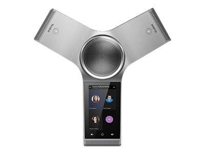 Silbernes Y-förmiges Video-Konferenz-Freisprechtelefon mit zentralem Mikrofon und Touchscreen mit Kontaktavataren und Anrufsteuerelementen.