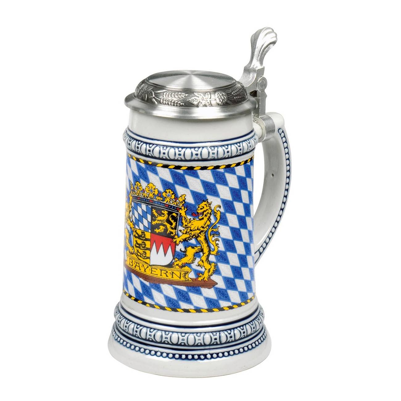 Domex 25634 Bierseidel "Euler" 0,5l mit Zinndeckel & Bayernwappen, weiß/blau (Modell zufällig, 1 Stück)