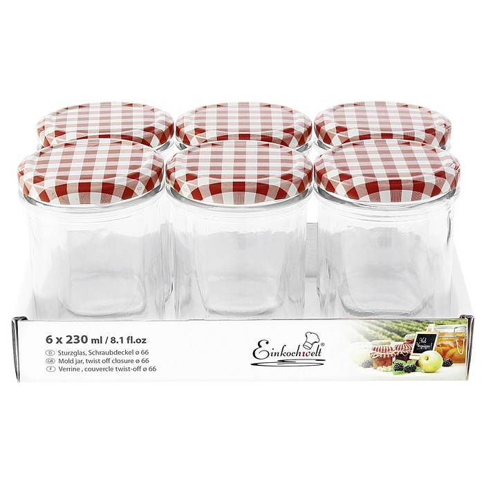 EINKOCHWELT 2023066t6d225EW Konfitürenglas mit Deckel 230ml, rot/weiß (6er Pack)