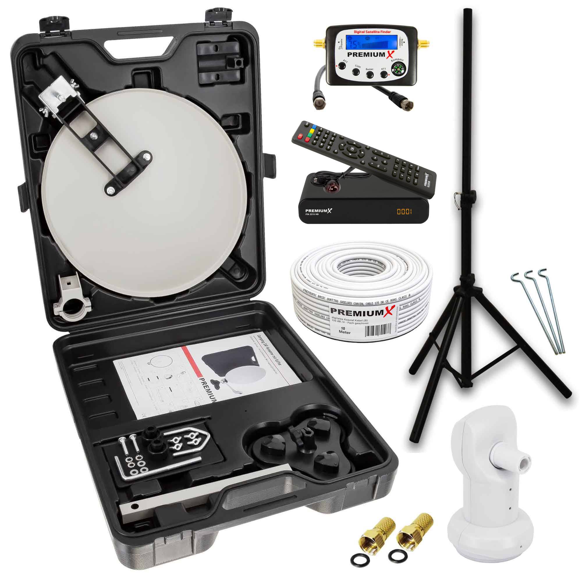 PremiumX mobile Camping SAT Anlage Antenne TV Receiver Satelliten-Finder Single LNB 10m Kabel F-Stecker Koffer Stativ