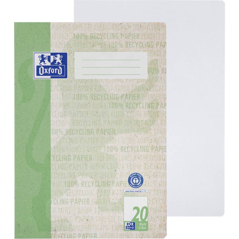 Oxford Notizbuch mit grünem Einband. Es trägt die Aufschrift '100% Recycling-Papier' und enthält 20 Seiten.
