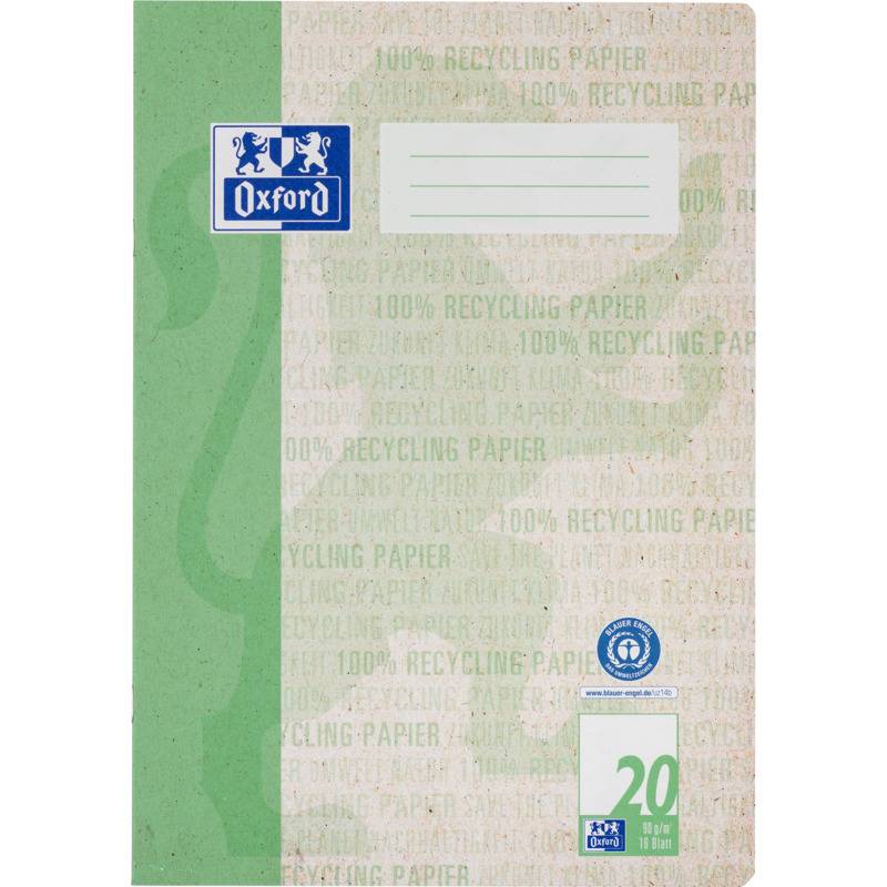 Ein grün-beiger Notizbucheinband mit einem großen 'Oxford' Logo, einem liniertem Abschnitt zum Schreiben und dem Text '100% Recycling-Papier'.