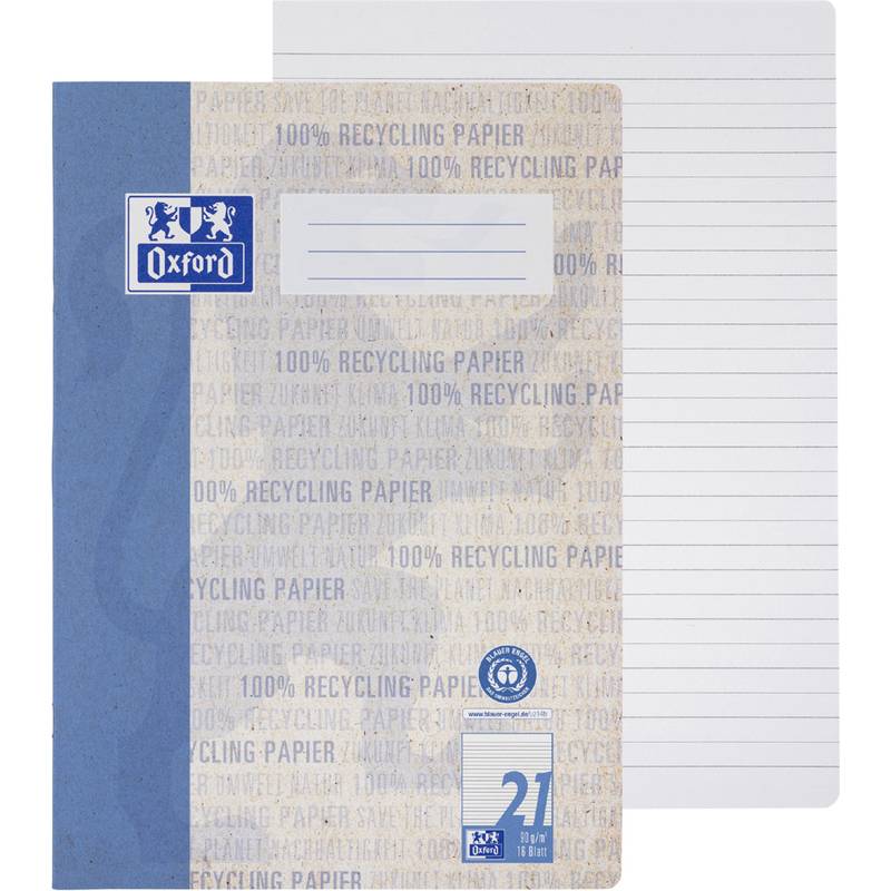 Ein Notizbuch aus Recyclingpapier mit einem blauen Buchrücken, mit der Marke 'Oxford', das auf der Vorderseite den Text '100% Recycling Papier' in einem sich wiederholenden Muster trägt.