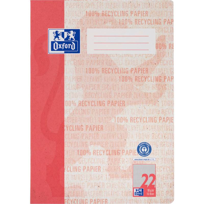 Umschlag eines Oxford Notizbuchs, beschriftet mit '100% Recyclingpapier', mit rotem Buchrücken und Platz zum Beschriften oben rechts.