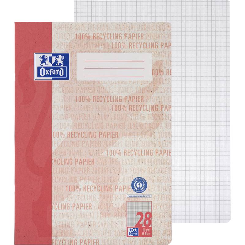 Ein rot-beiger Notizblock mit 'Oxford' Logo auf dem Umschlag. Eine Rasterseite ist im Hintergrund sichtbar. Auf dem Umschlag steht '100% Recyclingpapier'.