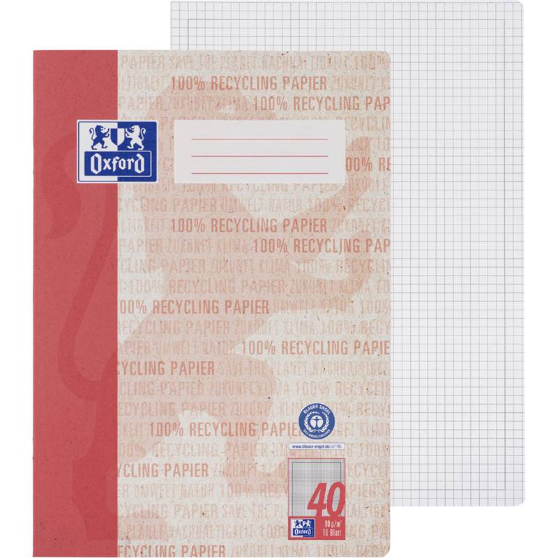 Ein roter Oxford-Notizblock mit der Aufschrift '100% Recycling-Papier', die über die gesamte Vorderseite wiederholt wird, versehen mit einem blauen Siegeletikett und einer karierten Seite im Hintergrund.