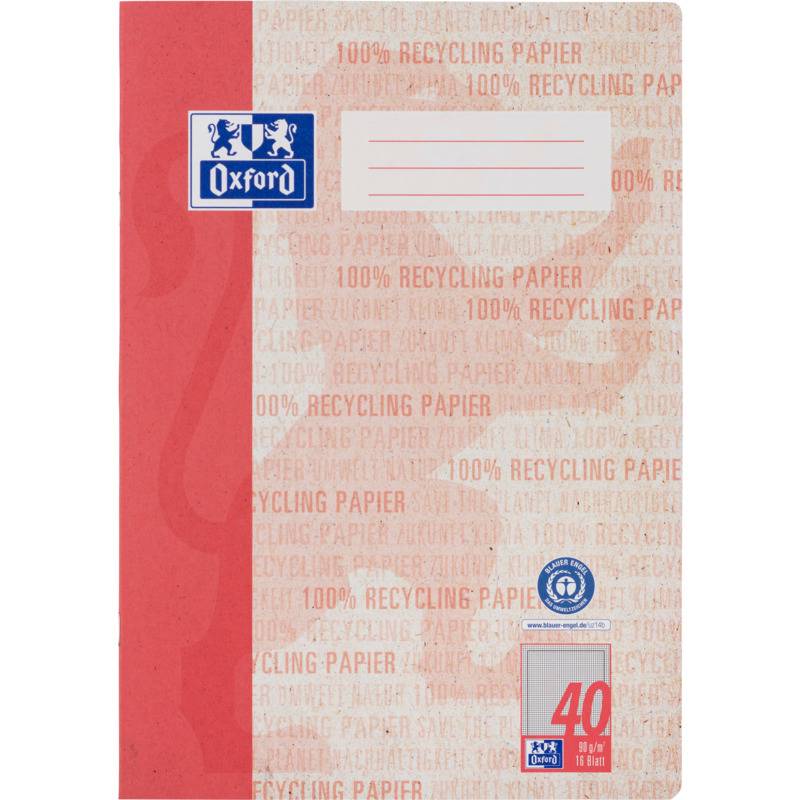 Ein Notizbucheinband mit dem Logo der Marke 'Oxford', einem rot-beigen Design und dem wiederholt gedruckten Text '100% Recycling Papier'.