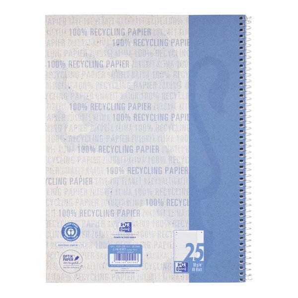 Spiralgebundenes Notizbuch mit blauem Einband und grauem Recyclingpapier-Muster, auf der Vorderseite mit „100% Recyclingpapier