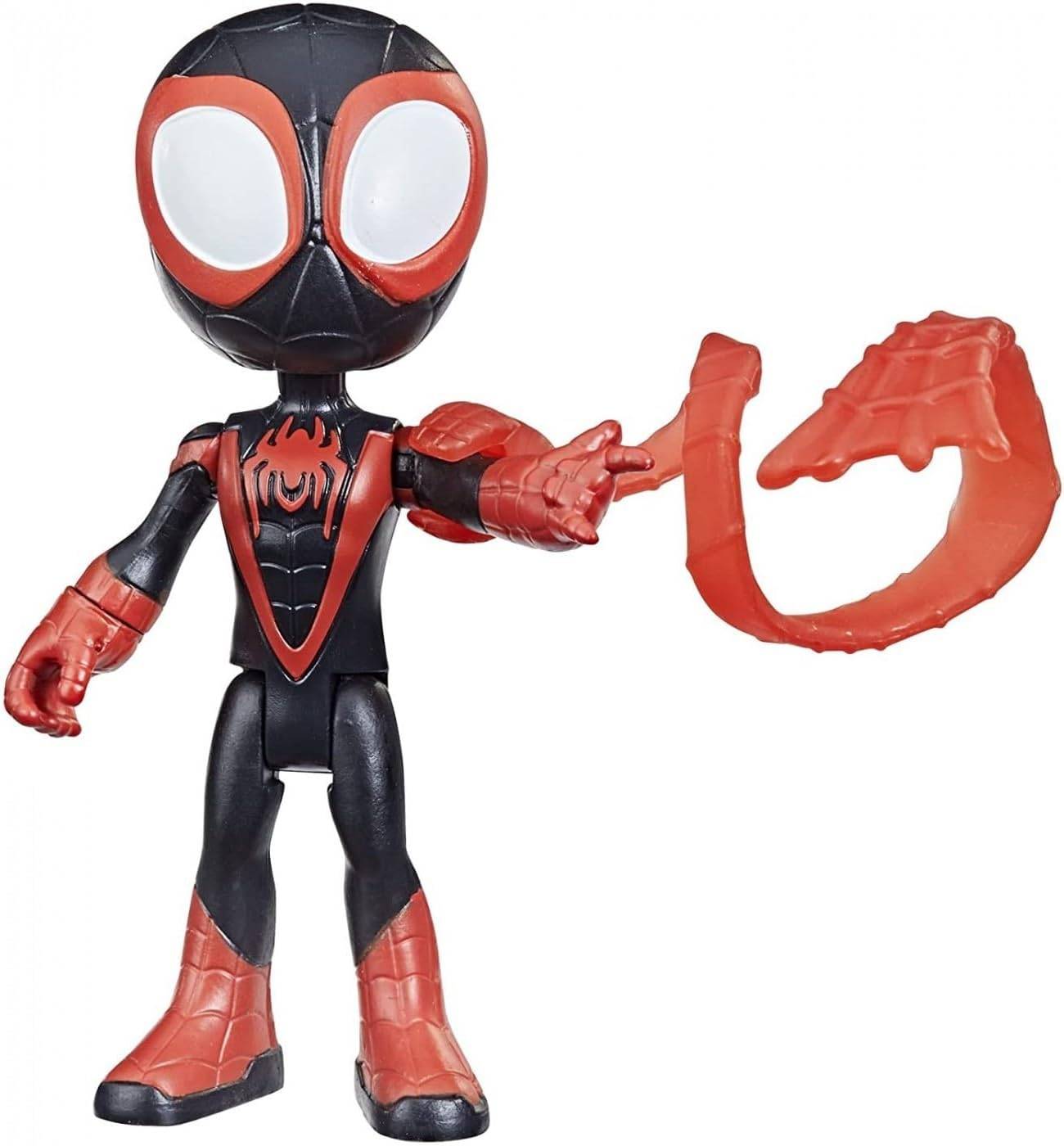 Miles Morales Spider-Man Actionfigur in schwarzem und rotem Anzug, hält ein rotes Web-Zubehör auf weißem Hintergrund.