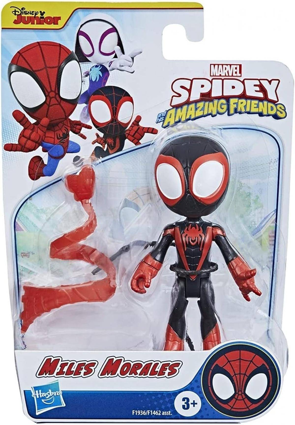 Verpackung einer Miles Morales-Actionfigur aus „Marvel Spidey and His Amazing Friends" für Kinder ab 3 Jahren, dargestellt in Blisterverpackung mit Spider-Man-Artwork.