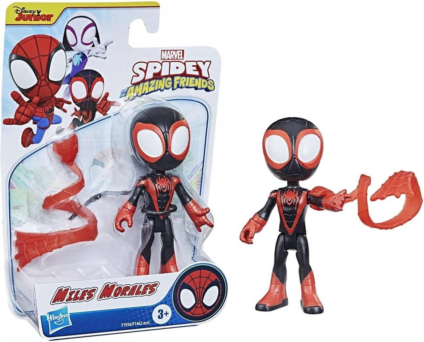 Marvel Spidey und seine erstaunlichen Freunde Miles Morales Actionfigur in Verpackung, gezeigt mit rotem Web-Zubehör und ausgepackter Figur.