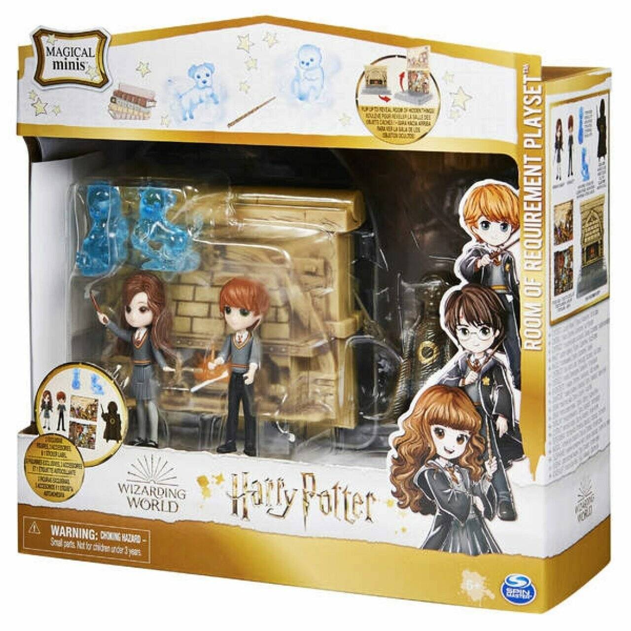 Verpackter Harry Potter Magical Minis Zaubererplayset mit zwei kleinen Figuren, blauen Accessoires und illustrierten Charakteren auf der Verpackung.