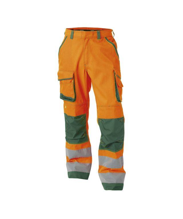 Warnschutzhose mit Kniepolstertaschen, NEONORANGE/FLASCHENGRÜN , Kurzgröße, Gr. 58