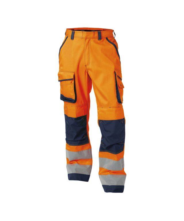 Warnschutzhose mit Kniepolstertaschen, NEONORANGE/DUNKELBLAU , Langgröße, Gr. 52