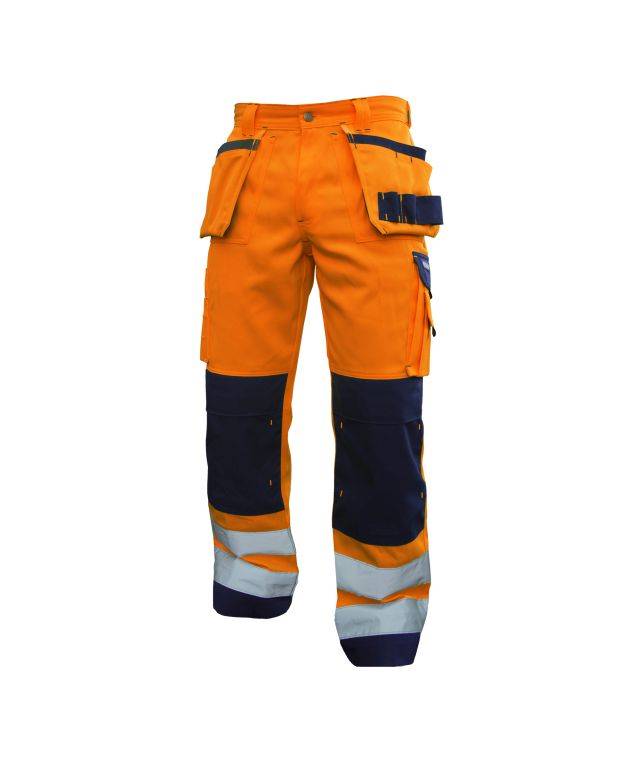 Warnschutzhose mit Holstertaschen und Kniepolstertaschen, NEONORANGE/DUNKELBLAU, Gr. 64