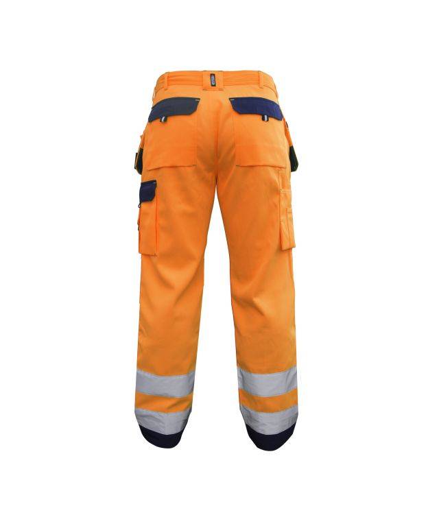 Warnschutzhose mit Holstertaschen und Kniepolstertaschen, NEONORANGE/DUNKELBLAU, Gr. 64