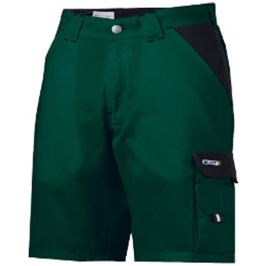 Dunkelgrüne Cargoshorts mit schwarzen Seitenpaneelen, Knopfverschluss vorne und einer Oberschenkeltasche.