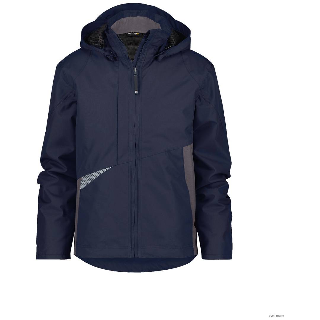Marine-Kapuzenjacke mit Reißverschluss und langen Ärmeln, von vorne auf weißem Hintergrund gezeigt.