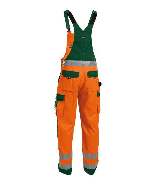 Warnschutz Latzhose mit Kniepolstertaschen, NEONORANGE/FLASCHENGRÜN, Gr. 56