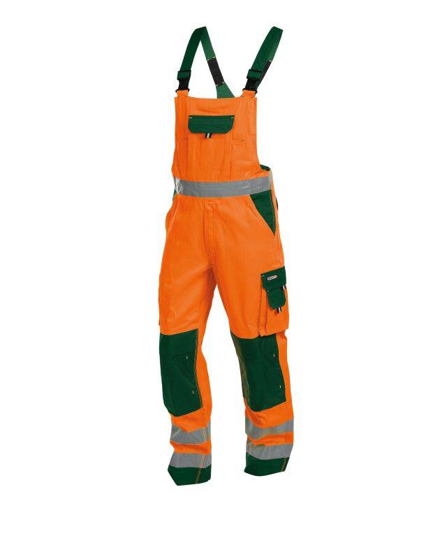 Warnschutz Latzhose mit Kniepolstertaschen, NEONORANGE/FLASCHENGRÜN, Gr. 60