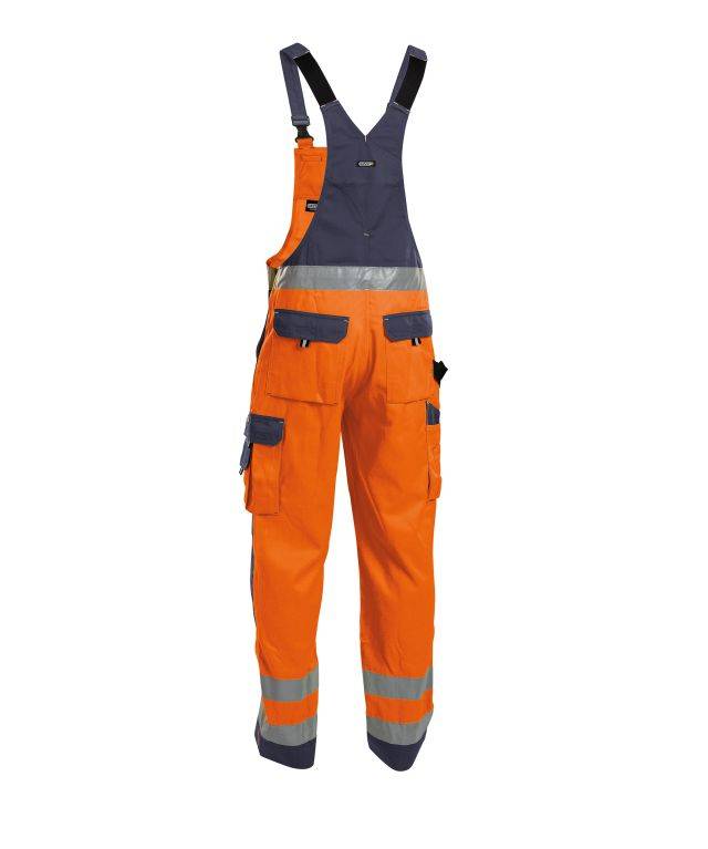 Warnschutz Latzhose mit Kniepolstertaschen, NEONORANGE/DUNKELBLAU , Kurzgröße, Gr. 54