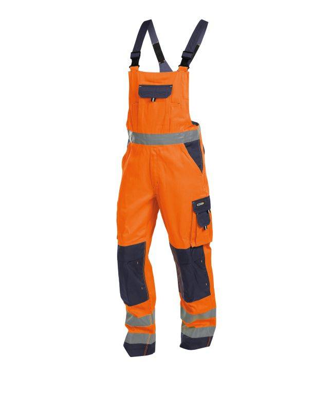 Warnschutz Latzhose mit Kniepolstertaschen, NEONORANGE/DUNKELBLAU , Kurzgröße, Gr. 56