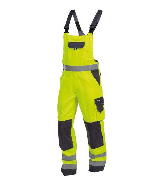 Warnschutz Latzhose mit Kniepolstertaschen, NEONGELB/ZEMENTGRAU , Langgröße, Gr. 48