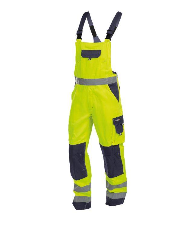 Warnschutz Latzhose mit Kniepolstertaschen, NEONGELB/DUNKELBLAU, Gr. 64