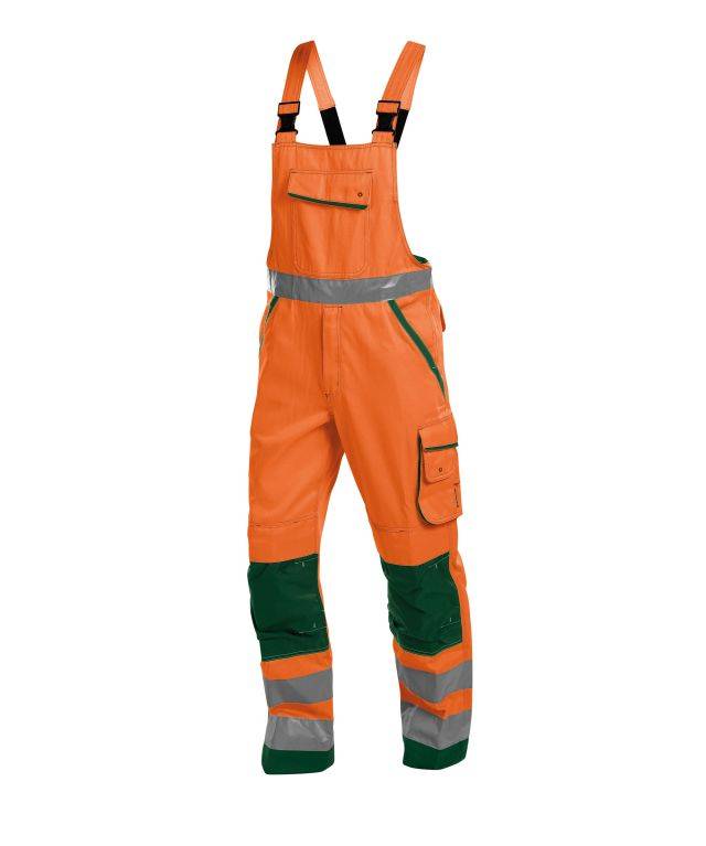 Warnschutz Latzhose mit Kniepolstertaschen, NEONORANGE/FLASCHENGRÜN , Kurzgröße, Gr. 58