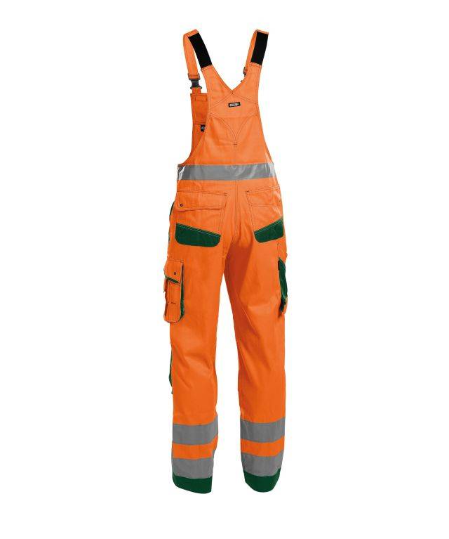 Warnschutz Latzhose mit Kniepolstertaschen, NEONORANGE/FLASCHENGRÜN , Kurzgröße, Gr. 58
