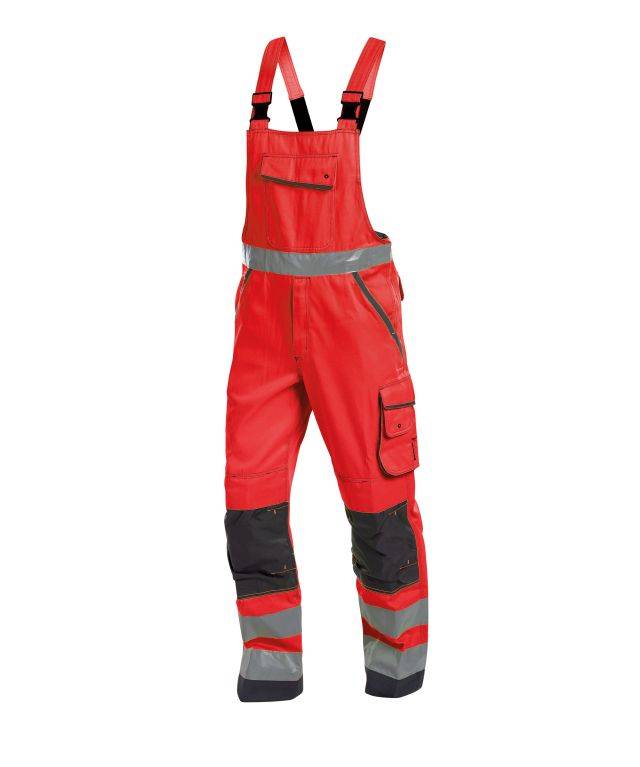 Warnschutz Latzhose mit Kniepolstertaschen, NEONROT/ZEMENTGRAU, Gr. 58