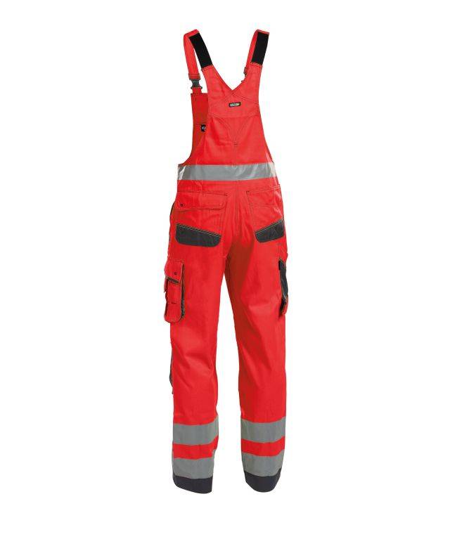 Warnschutz Latzhose mit Kniepolstertaschen, NEONROT/ZEMENTGRAU, Gr. 58