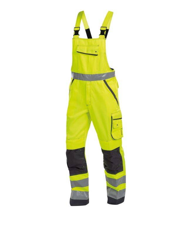 Warnschutz Latzhose mit Kniepolstertaschen, NEONGELB/ZEMENTGRAU , Langgröße, Gr. 52
