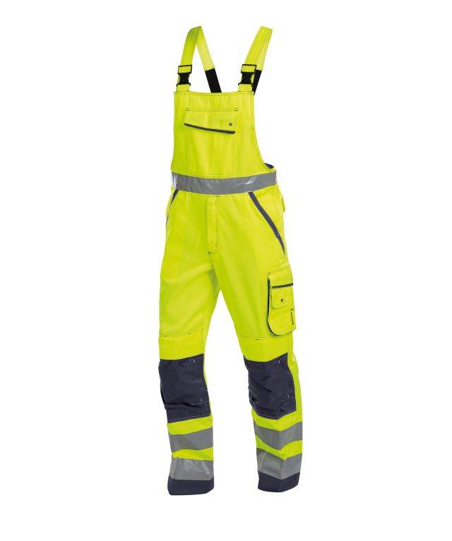 Warnschutz Latzhose mit Kniepolstertaschen, NEONGELB/DUNKELBLAU , Kurzgröße, Gr. 54