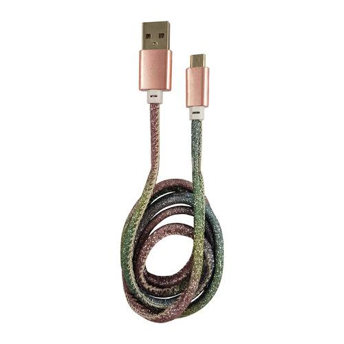 Ein mehrfarbiges geflochtenes USB-auf-Micro-USB-Kabel mit Metallsteckern, locker aufgewickelt.