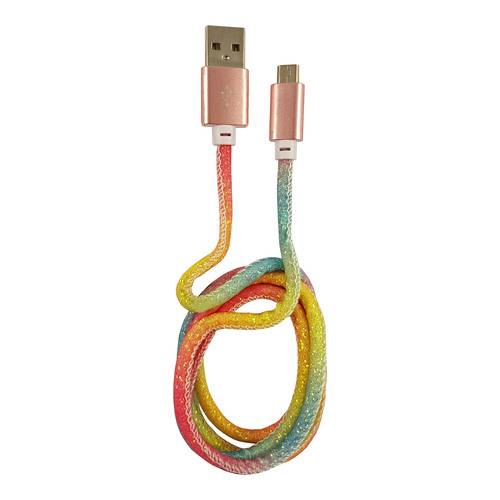 Ein farbenfrohes geflochtenes USB-auf-Micro-USB-Kabel mit einem Farbverlaufdesign von Rosa über Gelb bis Grün, mit metallischen Steckern.